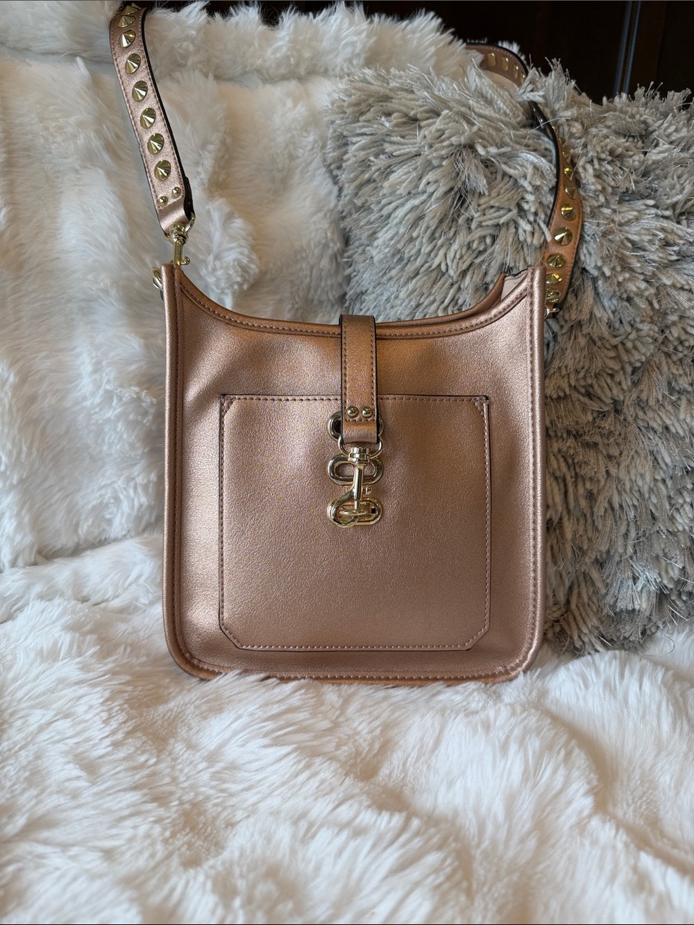 Steve Madden Metallic Rose Gold Shoulder Bag with Studded Strap